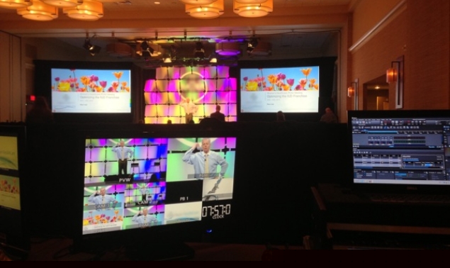 A presentation with three monitors